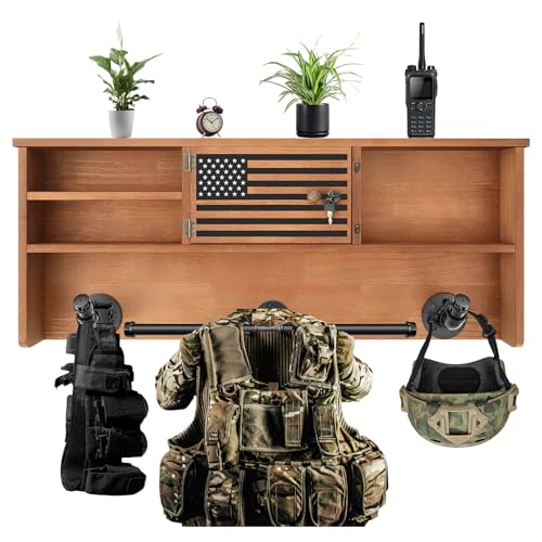 DoubleFill Police Gear Rack Police Vest Wall Mounted Hanger USA Flag Tactical Gear Stand with Gun Storage Plate Carrier Law Enforcement Organizer Accessories for Men Veteran Gift - color: Walnut, style: Lockers