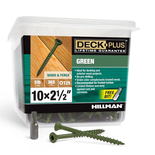 Deck Plus Wood Screws, #10 x 2-1/2in, 5lb Box, 365 Pieces, Green | Epoxy-coated steel, Self-drilling point with star/torx drive, coarse threads for decks and treated lumber, T25 bit included - color: Green, size: #10 x 2-1/2", style: 365 pcs