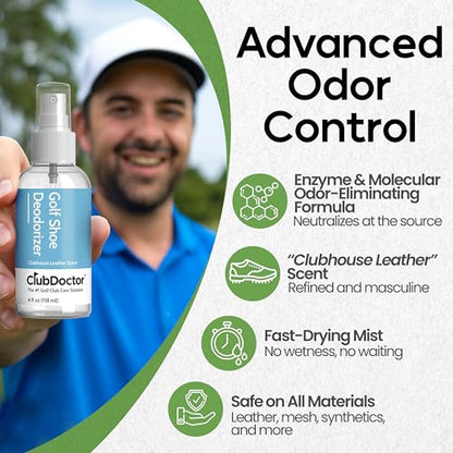 Club Doctor Golf Shoe Deodorizer Spray, Enzyme Odor Eliminator with Premium Elite Leather Scent Air Freshener, Smell Absorber, Fast-Drying Safe for All Materials Long-Lasting Freshness for Golf Shoes