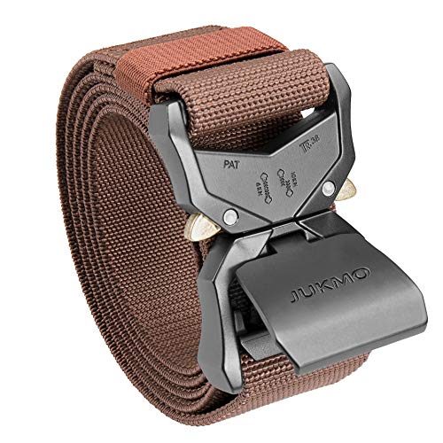 JUKMO Tactical Belt, Military Hiking Rigger 1.5" Nylon Web Work Belt | Heavy Duty Quick Release Aluminum Alloy Buckle & Stretch Belt Strap - color: Coffee, size: Medium-for Waist 36"-42" (Length 49")