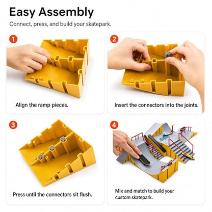 14-in-1 Fingerboard Skate Park Toy Set for Kids with 8 Skateboards and Bike | Modular fingerboard skatepark, Multiple layouts, Smooth-edge ABS ramps, Half pipe and rails, Fits most standard fingerboards - color: 14in1-yellow