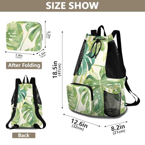 Drawstring Climbing Gym Bag With Pockets Draw String Back Bag with Wet Dry Compartments Watercolor Monstera deliciosa Leaves Green White