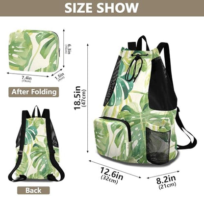 Drawstring Climbing Gym Bag With Pockets Draw String Back Bag with Wet Dry Compartments Watercolor Monstera deliciosa Leaves Green White