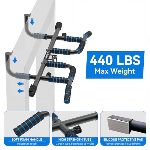 EPHESPORT 2026 Multifunctional Pull Up Bar for Doorway – US Patented Design, Foldable, No Drilling or Slipping, Multi-Grip Bar with Resistance Band Hooks, Commercial Alloy Steel, Large PVC Pads, 440 lbs Capacity