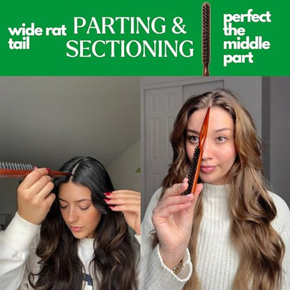 GranNaturals Boar & Nylon Bristle Styling Brush - Teasing Comb with Rat Tail Pick for Backcombing, Smoothing, Edge Control and Volume Creation