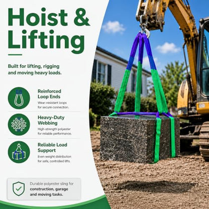2" x 5' Lifting Slings Straps Polyester Heavy Duty Web Slings 4400 Lbs Vertical, 3520 Lbs Choker, 8800 Lbs Basket (Green/Purple) - size: 2 Inch x 5 Feet