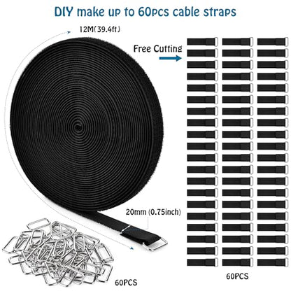 Nettbe 0.75" x39.4ft Hook and Loop Straps with 60 Buckles Adjustable Cut-to-Length Cable Ties - Reusable Nylon Fastening Tape Cable Straps for Storage or Organization (0.75in x 39.4ft) - size: 0.75in x 39.4ft
