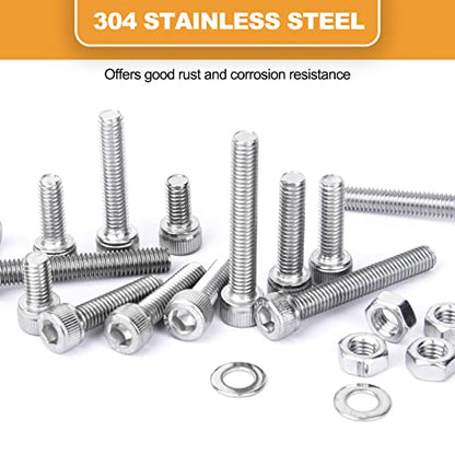 VIGRUE 180Pcs M6 Stainless Bolt Kit, M6x12/16/20/25/30/35/40mm Hex Socket Head Cap Screws Nuts Washers Assortment, Full UNC Thread - size: m6 socket stainless 12-40mm