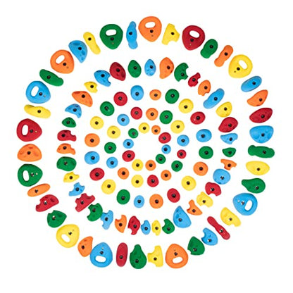Atomik Rock Climbing Holds Set of 120 Bolt-On Barefoot Friendly Hand and Footholds in Assorted Bright Tones Great for Ninja Gyms, and Gymnastics