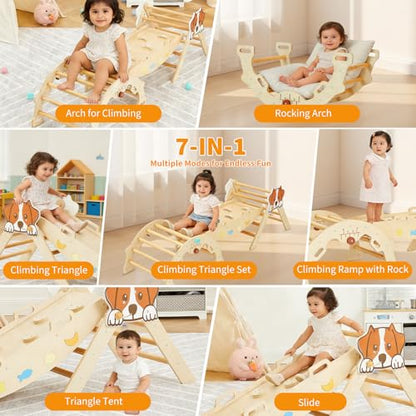 7-in-1 Collapsible Climbing Triangle Climbing Set for Toddlers, Wooden Indoor Jungle Gym Playground with Arch, Ramp & Ladder, Space-Saving, Toddler Climbing Toys, Natural Wood Color - color: Wooden Frame