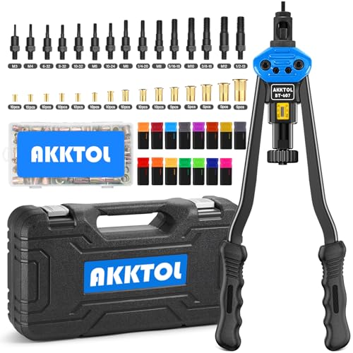 AKKTOL Rivet Nut Tool kit, 16" Rivnut Tool Kit with 15 Metric and SAE Mandrels, 125-PCS Rivet Nut Assortment Kit, Rugged Carrying Case, Ideal for Sheet Metal & Automotive Work