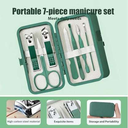 Manicure Kit for Women Men-Manicure Set with Case, Nail Clippers, Portable Nail Care Kit for Travel Home Personal Grooming（Green 7 in 1） - color: Green