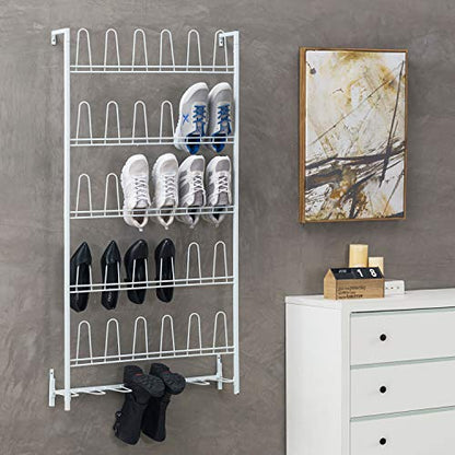 MyGift Matte White Metal Wall Mounted Shoe Rack, Holds 18 Pairs | Modern white metal wall shoe rack stores up to 18 pairs of shoes and boots while saving closet, mudroom, and entryway storage - color: White