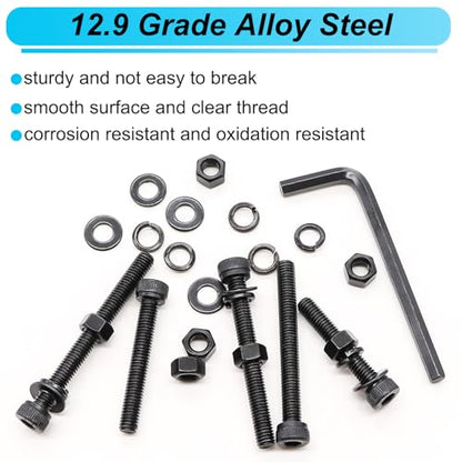 185PCS Black M5 Hex Socket Head Cap Screws, M5 x 30/35/40/45/50mm Metric Screws Bolts Nuts Washers Assortment Kit with Hex Wrench, 12.9 Grade Alloy Steel - size: M5 x 30/35/40/45/50mm, style: Socket Head