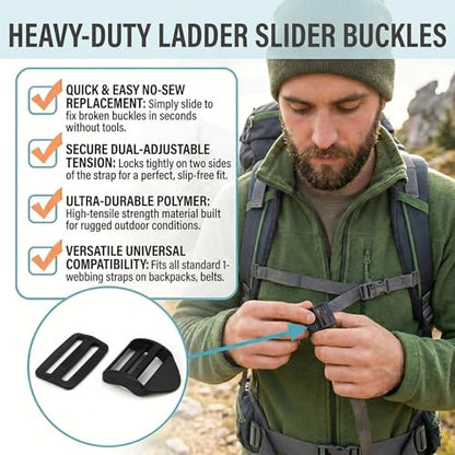 Ladder Lock Tri Glide Slide - Adjustable Strap Clips for Backpack/Gear Straps - Fits 3/4",1",1-1/4",1-1/2",2" Webbing - color: 10-pack for 3/4" Webbing