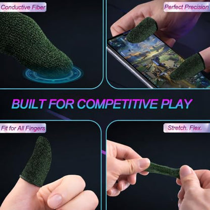 Bluradio 10 Pieces Gaming Finger Sleeves for Mobile | Perfect Touch Screen Glide - Anti-Sweat Breathable Thumb Sleeve For Gaming - Dedales Gamer Profesionales - Mobile Accessories - color: Black-Green