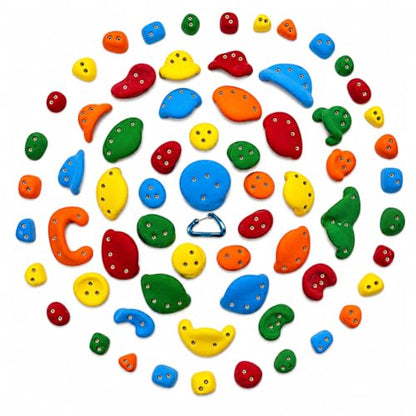 Atomik Climbing Holds 65-Pack Screw-On Rock Climbing Holds Set #2, Equips 8' x 8' Wall - color: Bright 1: Red, Blue, Green, Yellow, Orange