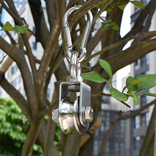 Single Pulley Block 360 Degree Rotation Traction Wheel Stainless Steel Swivel Hook & Carabiner Heavy Duty for Washing Line/Rope Loading 500kg Gym - size: 107mm+Carabiner