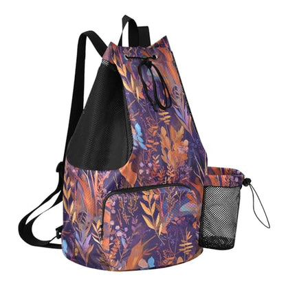 Drawstring Bags Climbing Gym Bag With Water Bottle Pocket String Bag For School Waterproof Colorful Leaves Pattern Print Art