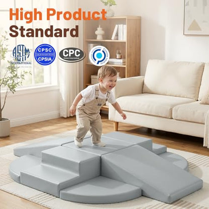 TODIBY 9-Piece Climbing Toys for Toddlers: Soft PU Leather Foam Blocks - Baby Climb and Crawl Activity Blocks - Kids Play Gym Equipment Indoor for Development(Grey) - style: Grey