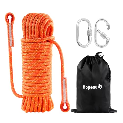 Braided Polyester Arborist Rope, 8/10/12mm x 32FT/64FT Rigging Rope with 2 Carabiners, Rappelling Rope for Outdoor Hiking Camping Tree Work Pulling Caving Fire Rescue Safety Escape Parachute - color: Orange
