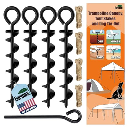 Eurmax USA 4 Pack Heavy Duty Ground Stakes,Industrial Grade Spiral Steel Screw-In Anchors with 4 Bonus Tie-Down Ropes,High Wind Stabilizing Kit for Trampolines,Dog Tie-Out,Canopies,Outdoor Sheds,Black - color: Black, style: Round Head Pro