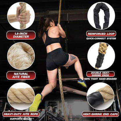 Climbing Rope Gym Workout - 10FT 15FT 20FT 25FT 30FT 35FT Heavy Duty Jute Thick Ropes for Adults Strength Training Outdoor Tree Swing Indoor Home Fitness Exercise - 1.5 Inch - size: 35FT