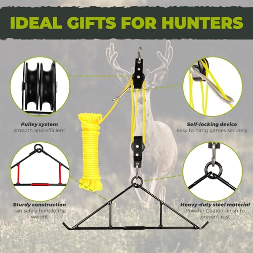 Highwild Game Hoist Gambrel & Deer Hanger Kit, 700 LB Deer Hoist Pulley System with 4:1 Lift Ratio and 44FT Rope