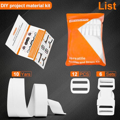 BEYOURD Buckle and Strap Set, 10 Yards Polyester Webbing Strap with 6 Dual Adjustable Side Release Plastic Buckles, 12 Pieces Tri-Glide Slider Clips for Custom Projects (Everyday Series 1 Inch, White) - color: White