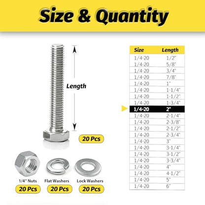 （20 Sets 1/4-20x2 Hex Bolt,Nut, Flat Washer & Split Lock Washer Assortment Kit,80Pcs 304 Stainless Steel SAE Fastener Set,Ideal for Mechanical Assembly, Equipment Repair and DIY Projects - size: 1/4-20x2" 20sets