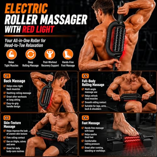 Electric Roller Massager with 630nm Red Light, 4000mAh 6-Speed Body Roller for Lymphatic Massage, Sore Muscle Relief, Cellulite & Lipedema Massage for Legs, Arms, Back, Feet & Full Body