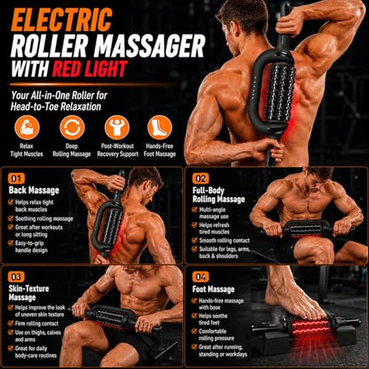 Electric Roller Massager with 630nm Red Light, 4000mAh 6-Speed Body Roller for Lymphatic Massage, Sore Muscle Relief, Cellulite & Lipedema Massage for Legs, Arms, Back, Feet & Full Body