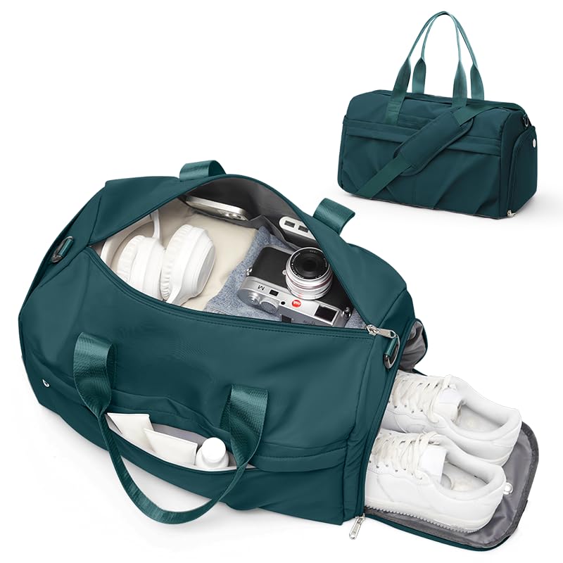 Gym Bag for Women Men, Sport Duffel Bag with Toiletry Bag & Shoe Compartment,Waterproof Travel Weekender Overnight Carry on Bag for Yoga with Trolley Sleeve, Peacock Blue Set - color: A4-Peacock Blue Set