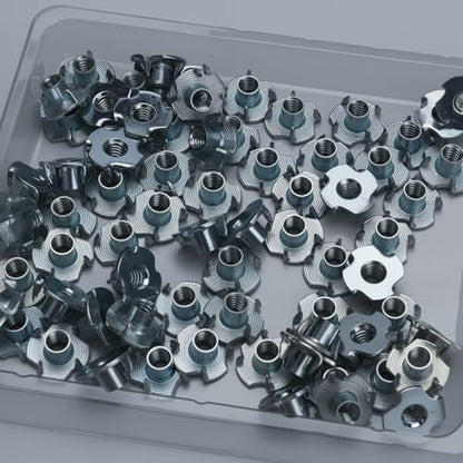 1/4"-20 T-Nuts (100 Pack), T-Nut 4 Pronged Tee Nut Zinc Plated Steel, Durable Threaded Insert Tee Nut for Wood, Rock Climbing Holds, Cabinetry,Furniture (1/4)