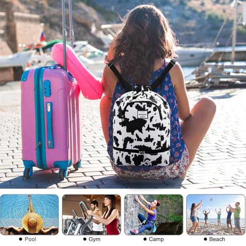 Dry Wet Drawstring Backpack with Shoe Compartment for Women Adjustable Gym Bag - color: Cow