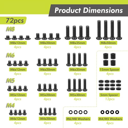 Universal TV Mounting Hardware Kit, 72PCS TV Mount Screws with M4 M5 M6 M8, Washers & Spacers for Most TVs and TV Wall Mount Brackets, Carbon Steel Assorted Mounting Screws Set