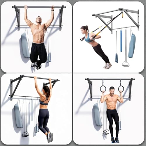 ZHNSDYN Wall Mounted Pull Up Bar with 500LBS Capacity for Gym Home | Adjustable Depth, 4 Hooks, Heavy Duty, Strength Training, Easy Install, Chin Up Bar for Doorway