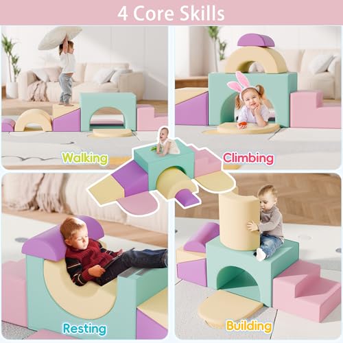TOLEAD Soft Foam Climbing Blocks Set – Large 5-in-1 Soft Play Toys Crawling & Sliding Climbing Arch for Toddlers, Foam Playset for Nursery,Preschool,Pink - color: Pink