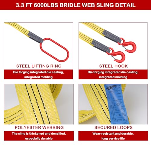 Lifting Slings Straps with Hooks, 3.3 Feet Two Leg Bridle Web Sling, 13227 Pounds Capacity, Polyester Webbing Purple Rigging Straps for Engines, Cranes, Hoists, Yellow, 10002