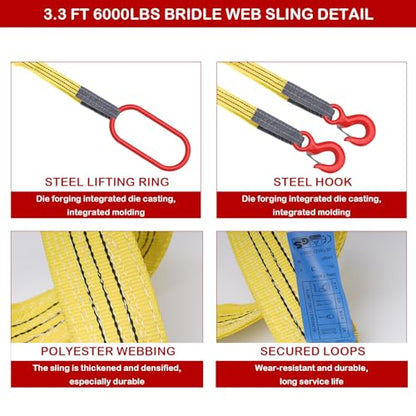 Lifting Slings Straps with Hooks, 3.3 Feet Two Leg Bridle Web Sling, 13227 Pounds Capacity, Polyester Webbing Purple Rigging Straps for Engines, Cranes, Hoists, Yellow, 10002