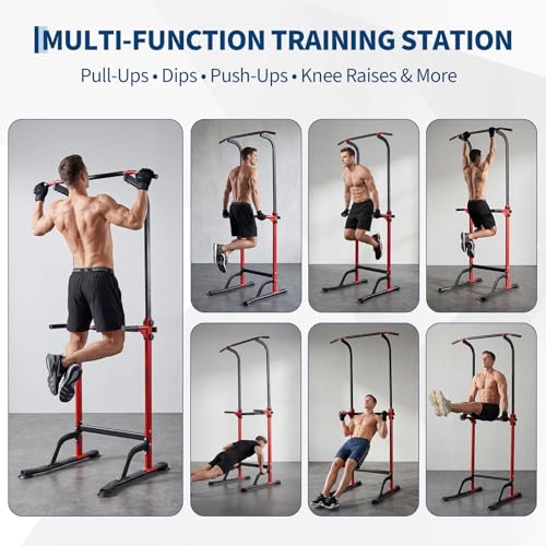 Power Tower Home Gym Strength Training Station Adjustable 10 Height Levels, Heavy-Duty Chin-Up Tower with Parallel Dip Handles, Bodyweight Workout Equipment for Pull-Ups, Dips, Knee Raises, Push-Ups, 330 Lb Capacity - color: Red