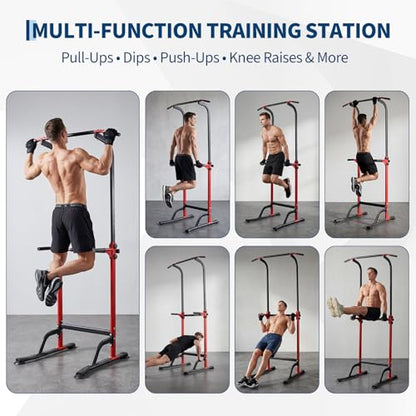 Power Tower Pull Up Bar Station - 330 LBS Stable Multi-Function Gym Dip Station for Home Strength Training Equipment - 10 Adjustable Heights Heavy Duty Pull-Up Tower with h-Shaped Base & Push-Up - color: Red