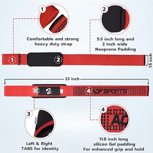 AQF Weight Lifting Straps, Padded Cotton Gym Wrist Straps for Deadlifts | 23" Extra-Long, Heavy-Duty Webbing, 5mm Neoprene Cushioning, Open-Loop Design, Sold as Pair, Ideal for Rows & Pull Workout - color: Red Gel Grip