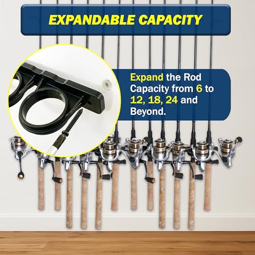 Rush Creek Creations Set of 4 Adaptable 6, 12, 18, or 24-Rod Horizontal Wall-Mount Fishing Pole Holders, Ceiling or Wall Fishing Rod Racks for Garage, Fits Most 0.12" to 0.75" Diameter Rods - size: Four Pack