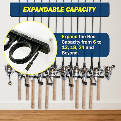 Rush Creek Creations Set of 4 Adaptable 6, 12, 18, or 24-Rod Horizontal Wall-Mount Fishing Pole Holders, Ceiling or Wall Fishing Rod Racks for Garage, Fits Most 0.12" to 0.75" Diameter Rods - size: Four Pack