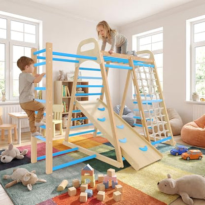 7-in-1 Wooden Jungle Gym, Indoor Kids Climbing Playset for Toddlers - color: Blue