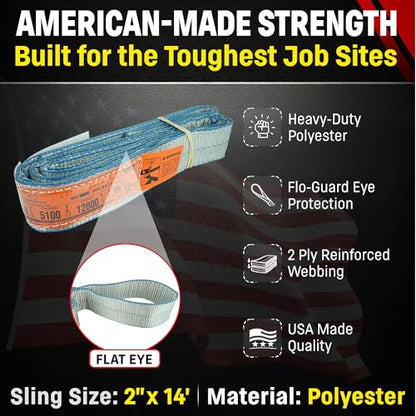 Chenango Supply Eye & Eye 2 Ply Rigging DD Slings | USA-Made, Heavy Duty, Marine Flo Guard Polyester, for Lifting & Material Handling (Multiple Sizes and Capacities) - size: 2" x 14'