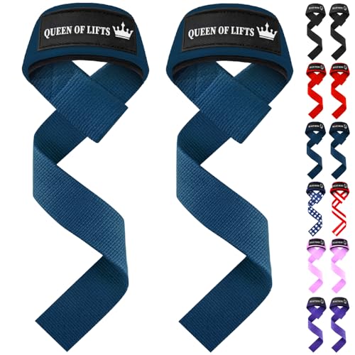 TECEUM Lifting Straps for Weightlifting Gym Strength Training - Wrist Straps with Neoprene Padded Cotton - Men & Women – Ideal for Powerlifting, Bodybuilding & Deadlifts - color: Navy Blue, size: 18" - Queen Of Lifts