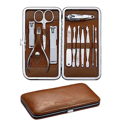FAMILIFE Manicure Set, Professional Nail Kit Nail Clipper Set, 12PCS Stainless Steel Manicure Kit, with Brown Leather Travel Case Luxury Gifts for Him - color: Light-brown