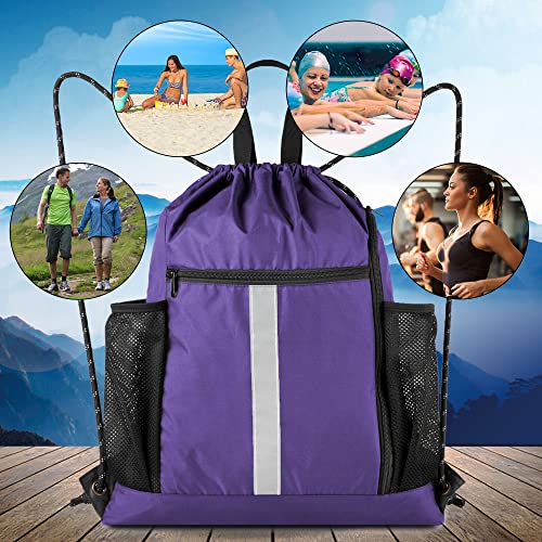 BeeGreen Purple String Bag Sack Gym Backpack with Shoe Compartment and Two Water Bottle Holder for Men Women Lightweight Durable Drawstring Cinch Sackpack - color: Purple, style: Drawstring With Shoe Compartment